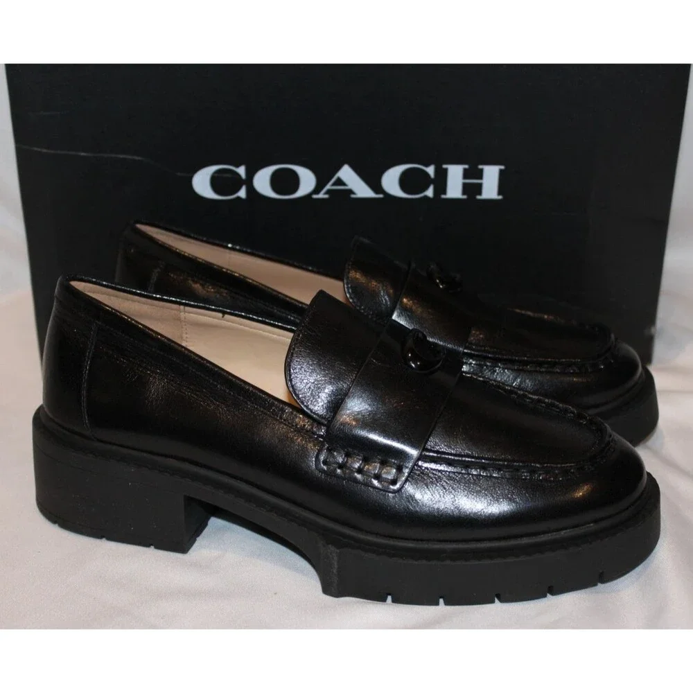 COACH WOMEN'S LEAH LEATHER LUG SOLE PLATFORM LOAFER BLACK NIB SZ 7